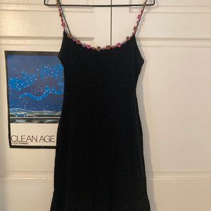 Vintage Y2K Betsey Johnson Black Mesh Flower Crochet Dress - L